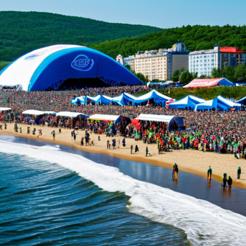 Surfing Festival Crowd Scene**

A vibrant, wide shot of a surfing festival on a beach in Vladivostok, Russia.  Many people are present, fully clothed in appropriate attire, watching surfers in action. Include tents, food stalls, and a live music stage in the background.  Capture the energy and excitement of the event. Clear blue skies and sunny weather. Safe for work, appropriate content, professional photography, natural proportions, family-friendly.

**