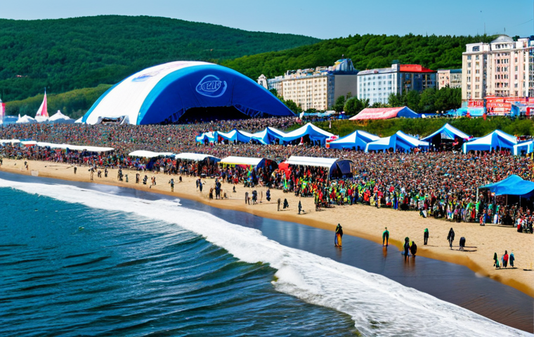 Surfing Festival Crowd Scene**

A vibrant, wide shot of a surfing festival on a beach in Vladivostok, Russia.  Many people are present, fully clothed in appropriate attire, watching surfers in action. Include tents, food stalls, and a live music stage in the background.  Capture the energy and excitement of the event. Clear blue skies and sunny weather. Safe for work, appropriate content, professional photography, natural proportions, family-friendly.

**